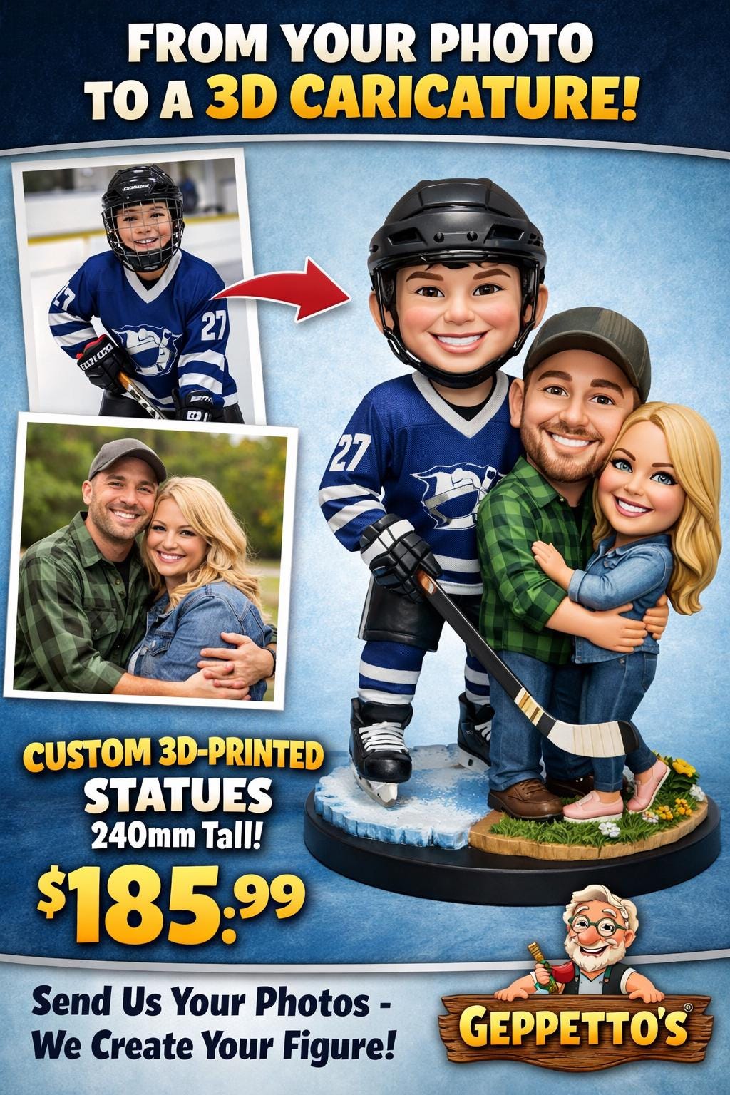 Custom 3D-Printed Caricature Statue | Fully Personalized from Your Photos | 240mm Tall Figure